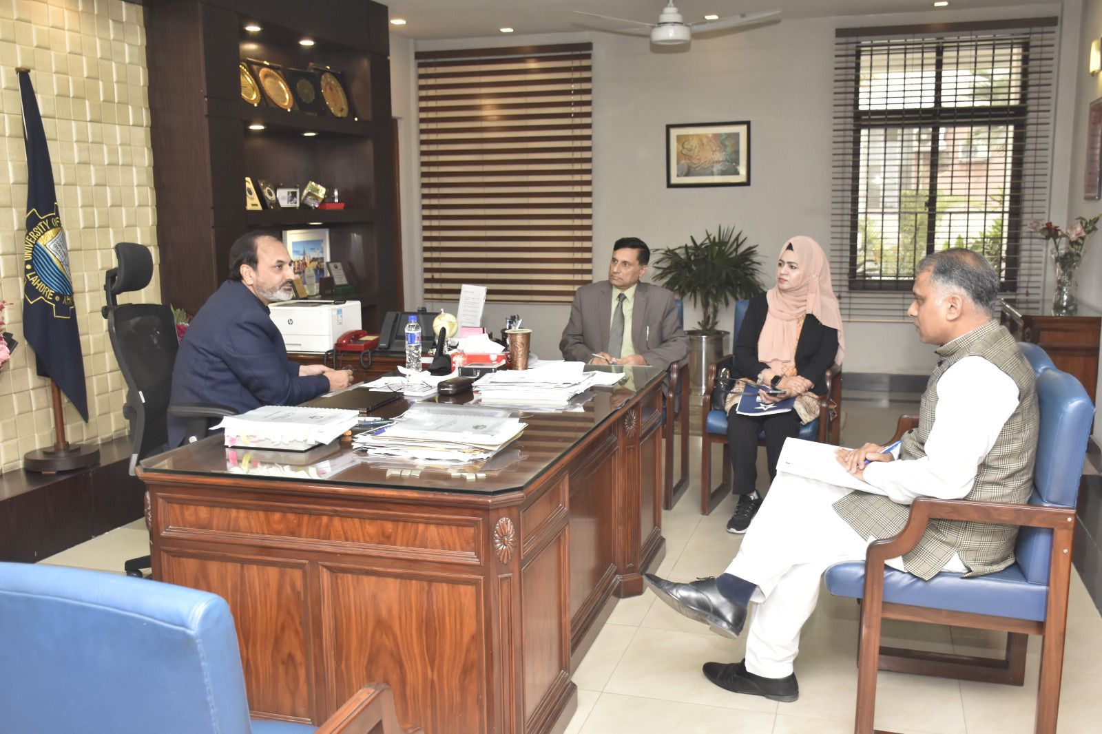 Vice Chancellor UET Prof. Dr. Shahid Munir (TI) is in a meeting with Director Student Affairs, Director Quality Enhancement Cell and Incharge Faculty Development Program, regarding training programs for the faculty.