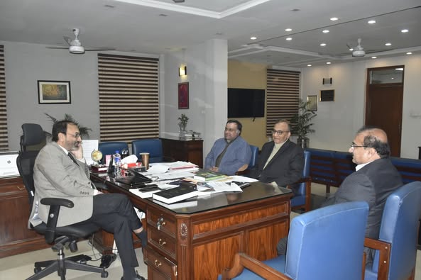 Vice Chancellor UET Prof. Dr. Shahid Munir (TI) is in a meeting with Prof. Dr. Muhammad Qaiser Saleem Chairman Industrial and Manufacturing Engineering (IME) Department, Prof. Dr. Aqil Inam from Punjab University and Prof. (Emeritus) Dr. Nadeem Ahmad Mufti.