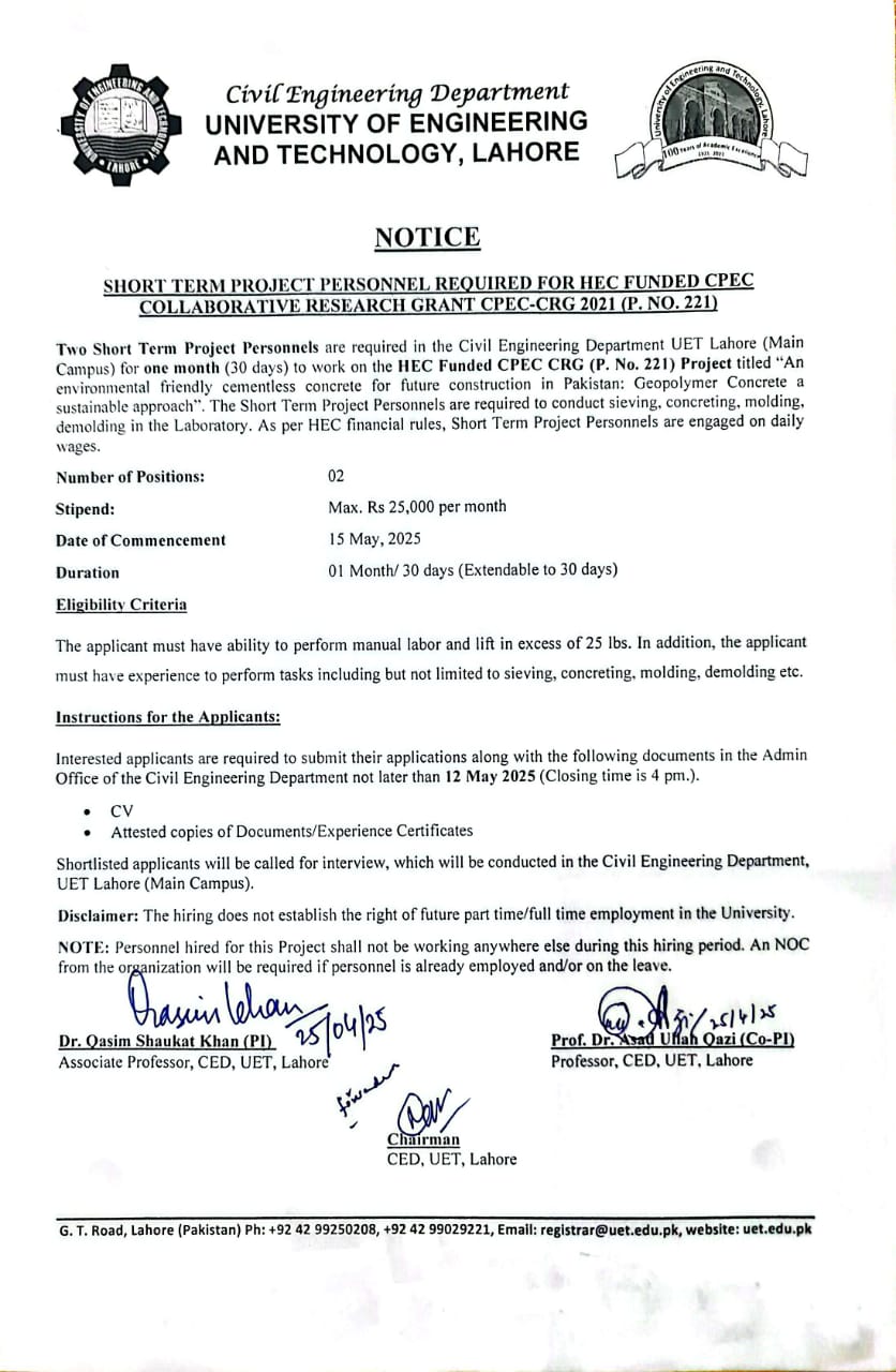 Staff Recruitment for HEC-Funded CPEC Collaborative Research Grant (CPEC-CRG 2021, P. No. 221)